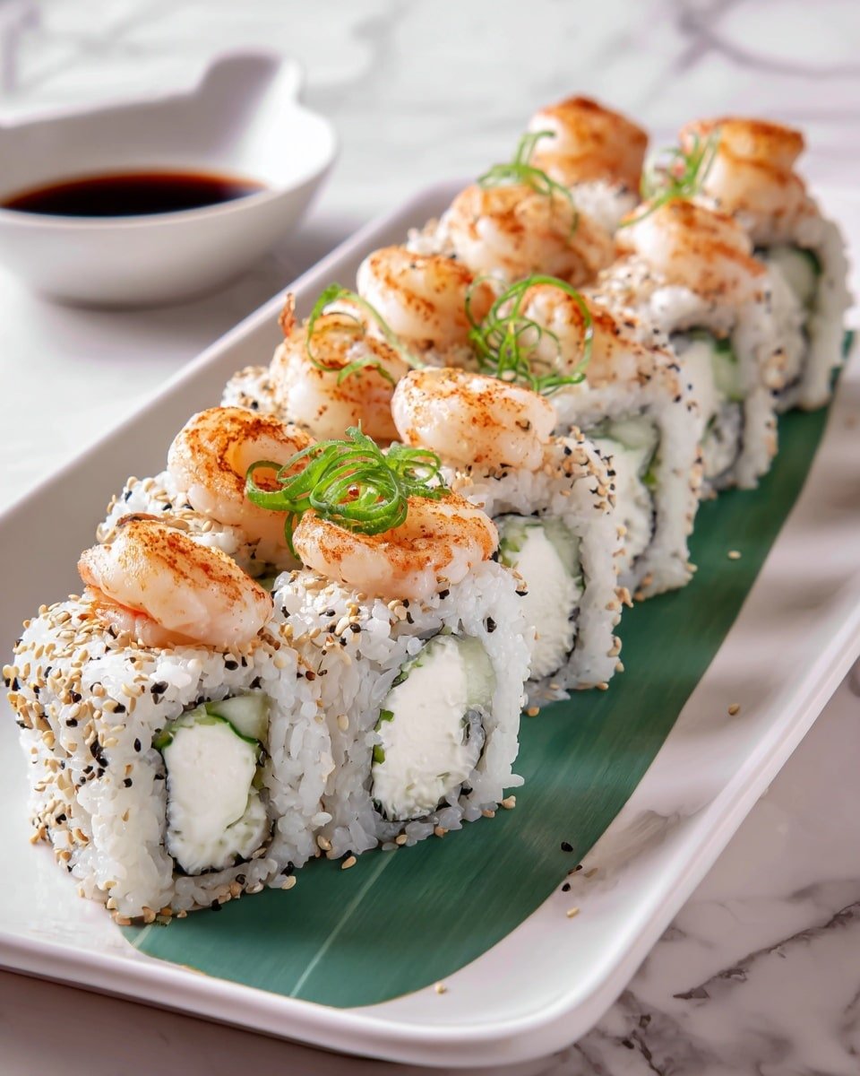 A close-up view of four sushi rolls lined up on a wooden board, each roll showing three main layers: a crunchy golden topping mixed with green herbs on the outside, a white rice layer beneath, and inside a filling consisting of a light brown fried shrimp piece next to a swirl of white creamy sauce with green bits, all wrapped in a thin dark seaweed sheet. Beneath the rolls, there are small pools of dark reddish-brown sauce placed on the wooden board. The background is a white marbled surface. photo taken with an iphone --ar 4:5 --v 7 — Shrimp Sushi Rolls, homemade sushi recipes, easy sushi with shrimp, Japanese-inspired seafood sushi, quick shrimp sushi ideas