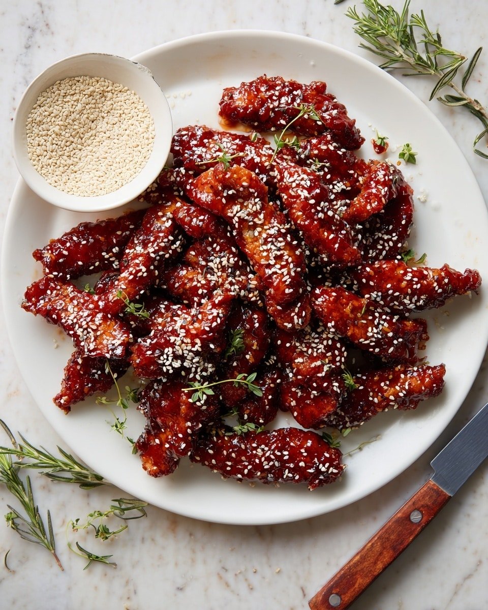 A white plate with a smaller white bowl placed on the left side. The bowl is filled with pale beige sesame seeds. On the plate, there are many pieces of dark reddish-brown glazed chicken wings or strips arranged in a loose pile on the right and bottom side of the plate. The chicken pieces are shiny with a sticky sauce and sprinkled with white sesame seeds, adding texture. The plate sits on a brown wooden surface with some green microgreens scattered around and an orange cloth with fringed edges partially under the plate. photo taken with an iphone --ar 4:5 --v 7 — Gochujang Chicken Tenders, spicy chicken tenders, Korean-inspired chicken, crispy chicken recipes, easy chicken tenders