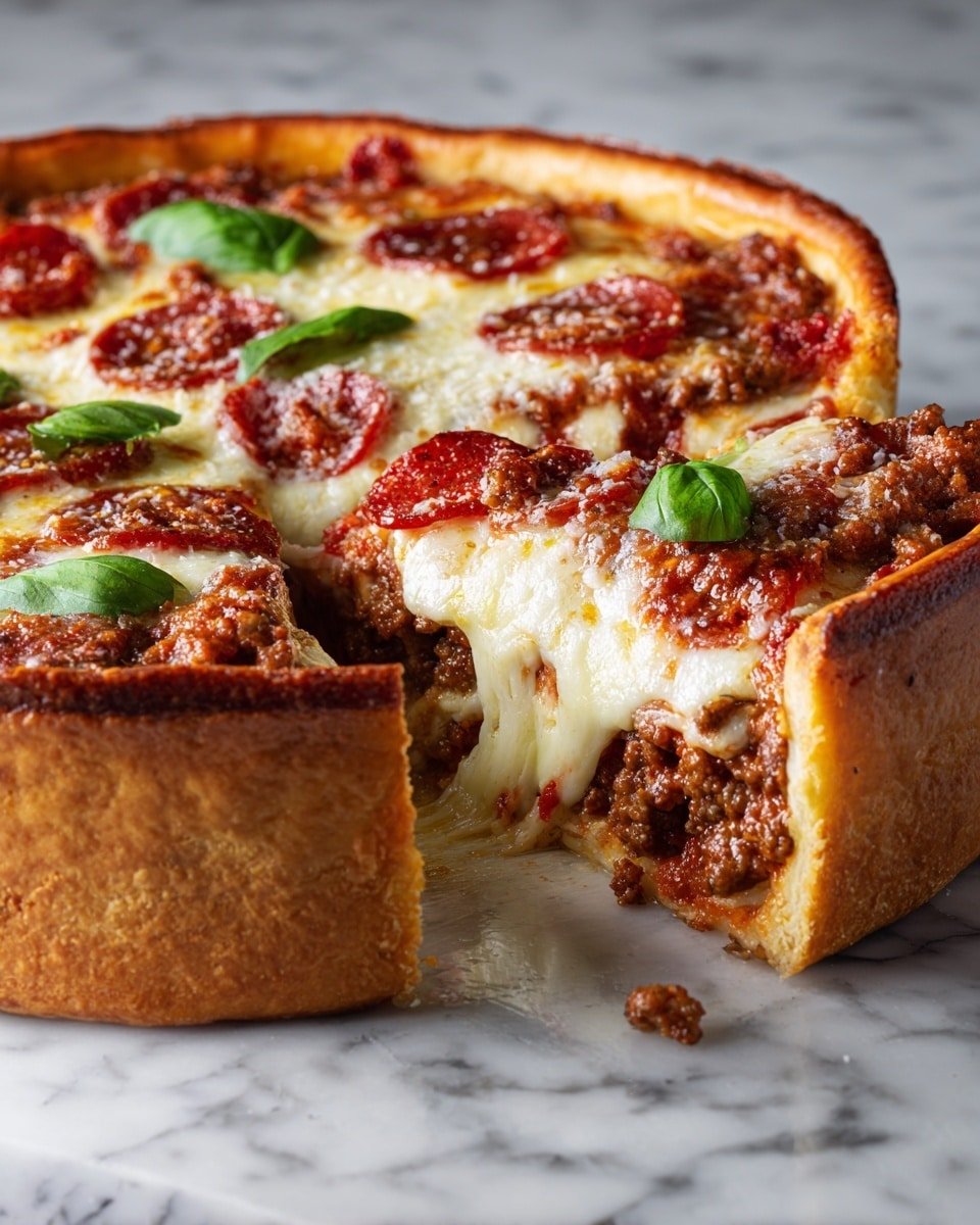 The image shows a thick, deep-dish pizza with a golden-brown crust, sitting on a white marbled surface. The pizza has several layers visible: a crispy crust at the bottom and edges, a thick layer of cooked ground meat with bits of tomato sauce underneath, topped with a thick blanket of melted, slightly browned cheese. On top of the cheese are round slices of pepperoni, some edges curling up slightly from the heat, and a few green basil leaves scattered around. The slice removed shows the gooey texture of the cheese stretching slightly above the meat. The lighting highlights the shiny, rich textures. Photo taken with an iphone --ar 4:5 --v 7 — Deep Hamburger Sausage and Pepperoni Pie, hearty meat pie, cheesy sausage pepperoni casserole, savory meat pie recipe, easy baked meat pie