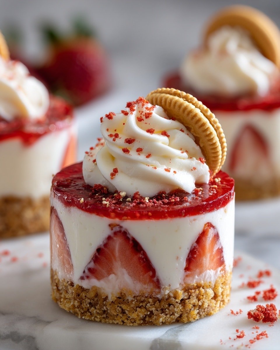Mini Jammy Dodger Strawberry Cheesecakes Recipe - Recipe Image — Mini Jammy Dodger Strawberry Cheesecakes, strawberry no-bake cheesecakes, fruit cheesecakes with jammy dodgers, easy individual strawberry cheesecakes, charming summer dessert recipes