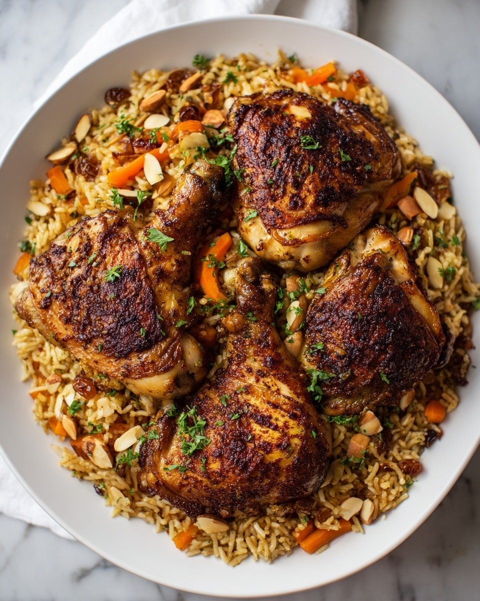 Arabic Chicken and Rice (Kabsa) Recipe - Recipe Image — Arabic Chicken and Rice Kabsa, Middle Eastern chicken and rice, aromatic spice rice dish, flavorful chicken and rice recipe, traditional Kabsa recipe