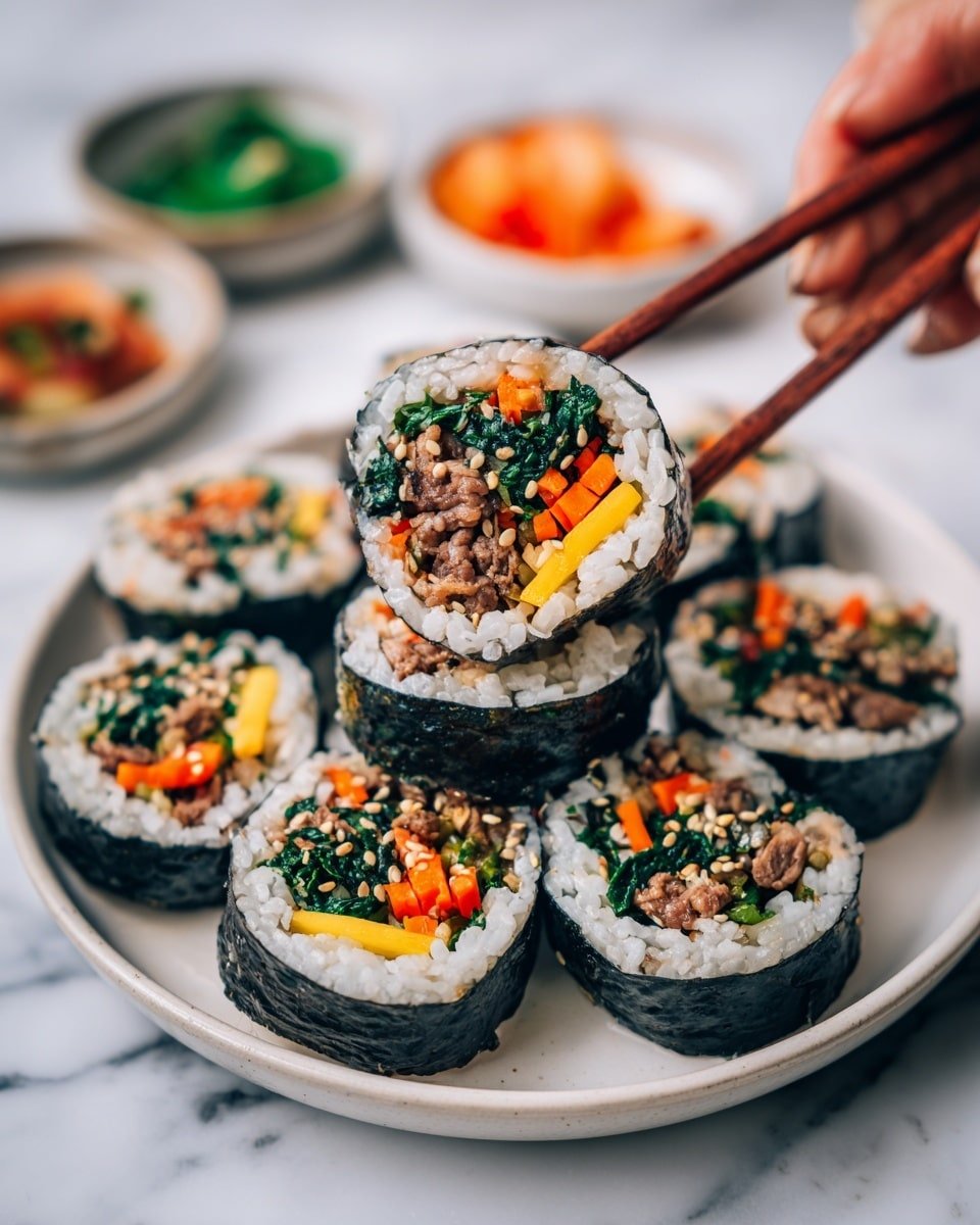 The image shows a white plate stacked with thick sushi rolls wrapped in dark seaweed sprinkled with small white sesame seeds. Each roll has a visible layer of white rice surrounding four colorful fillings: bright orange carrots, dark green spinach, light yellow pickled radish, and pieces of brown cooked meat, all arranged evenly inside. A woman's hand holds one sushi roll with wooden chopsticks above the plate, clearly showing the detailed layers inside. The background is a white marbled surface with blurred small white dishes holding green and orange side foods. photo taken with an iphone --ar 4:5 --v 7 — Kimbap Korean Seaweed Rice Rolls, Korean Sushi Rolls, Korean lunchbox ideas, easy Korean kimbap, healthy Korean snack
