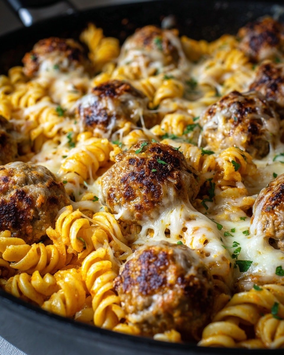 A close-up view of a black pan filled with three layers: at the bottom, the thick spiral pasta is light yellow and soft-looking; on top of the pasta, evenly spread small brown meatballs with a textured surface; the whole dish is covered with a shiny, smooth layer of reddish-brown sauce that coats both the pasta and meatballs. The background is a white marbled texture photo taken with an iphone --ar 4:5 --v 7 — One-Pot Smoky BBQ Meatball Pasta, smoky BBQ meatball pasta recipe, easy meatball pasta dinner, hearty one-pot pasta, cheesy BBQ pasta dish