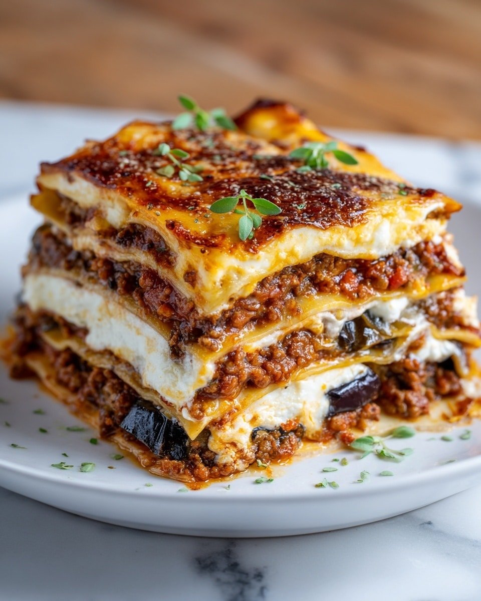 Indulgent Classic Greek Eggplant Moussaka Recipe - Recipe Image — Indulgent Greek Eggplant Moussaka, Greek Moussaka recipe, classic eggplant casserole, Mediterranean eggplant bake, authentic Greek moussaka