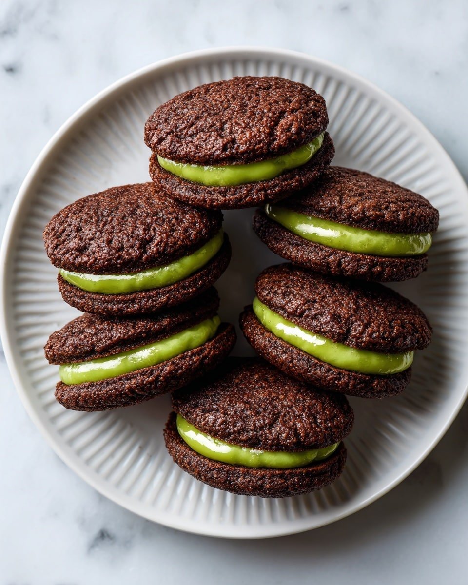 Lady Kisses Dubai Chocolate Cookies (Baci di Dama) Recipe - Recipe Image — Lady Kisses Dubai Chocolate Cookies, Baci di Dama cookies, chocolate almond sandwich cookies, pistachio ganache cookies, elegant no-bake cookies