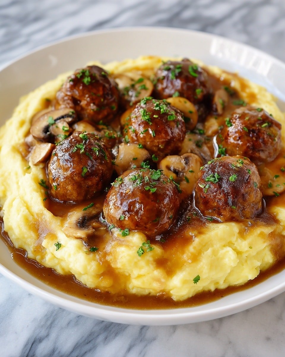Mashed Potatoes with Creamy Meatball Mushroom Stew Recipe - Recipe Image — Mashed Potatoes with Creamy Meatball Mushroom Stew, hearty comfort food recipes, cozy dinner ideas, easy meatball stew recipes, creamy mushroom stew for dinner