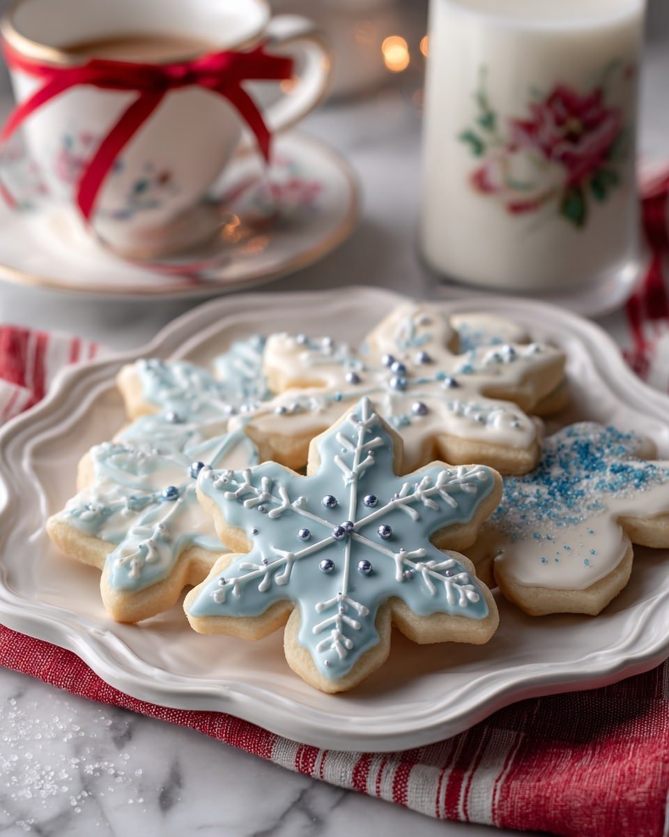 Snowflake Cookies Recipe - Recipe Image — Snowflake Cookies, Christmas cookies, winter holiday cookies, buttery cookie recipes, festive cookie ideas