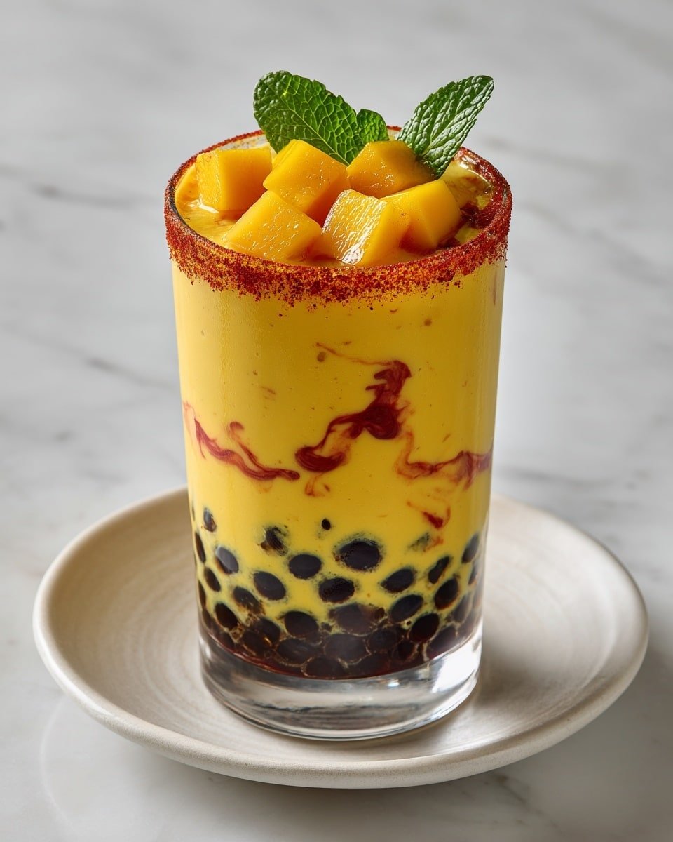 Mangonada Boba Recipe (Chamoyada) Recipe - Recipe Image — Mangonada Boba, Chamoyada drink, Tropical mango smoothie, Spicy mango beverage, Boba pearls recipe