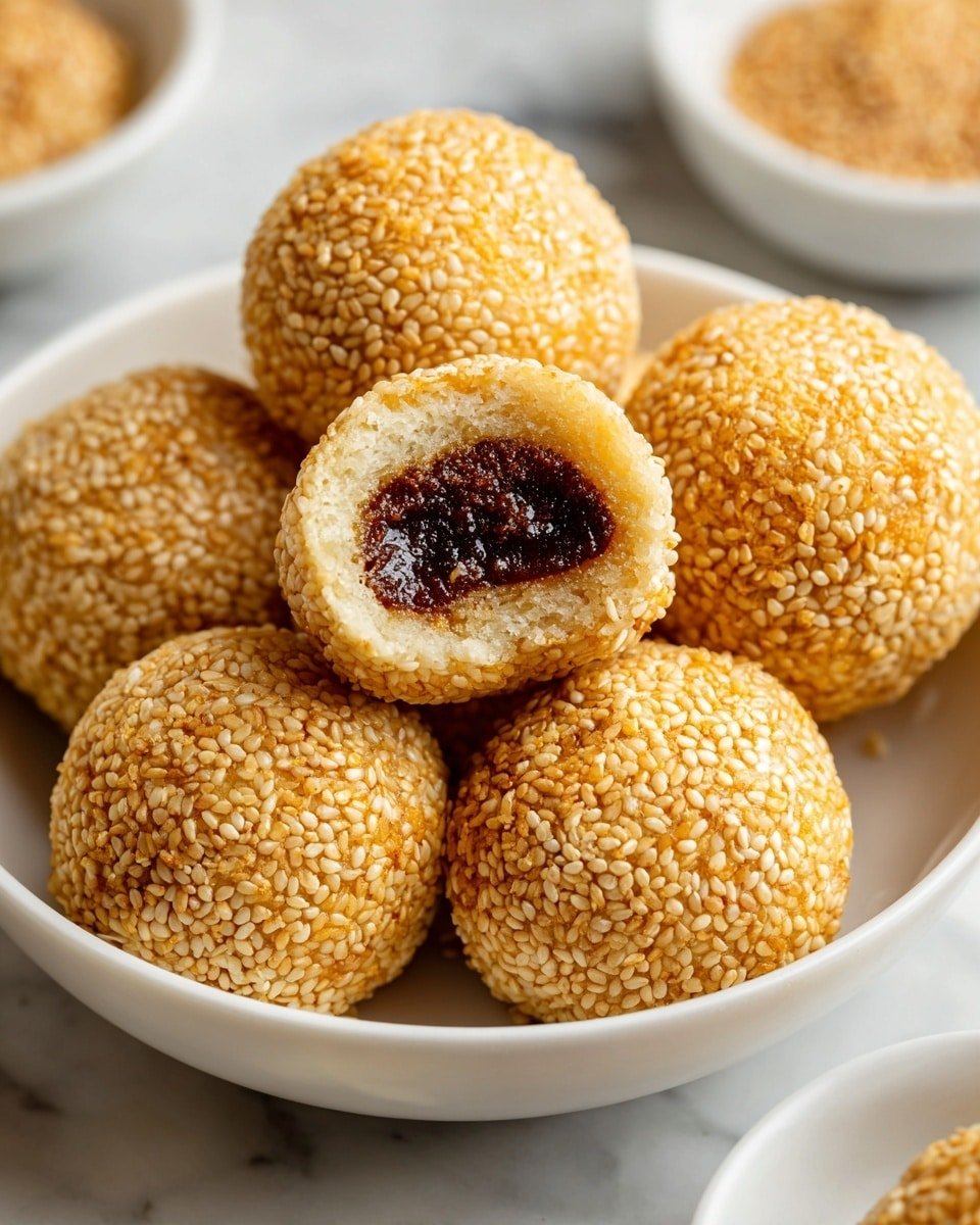 Sesame Balls with Red Bean Paste Recipe - Recipe Image — Sesame Balls with Red Bean Paste, Asian Sesame Balls, Red Bean Paste Snacks, Crunchy Sesame Treasure, Sweet Red Bean Treats