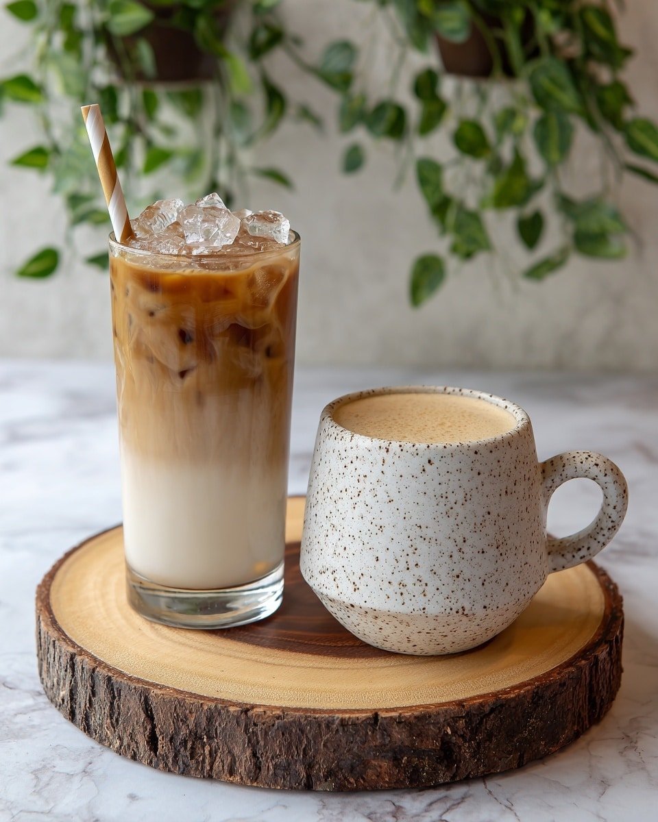 The image shows two coffee drinks placed on a round wooden tray with visible bark edges. On the left, there is a tall clear glass filled with iced coffee, showing three layers: a creamy white bottom, a light brown middle mix, and a darker brown coffee layer on top, filled with ice cubes. A striped paper straw is placed inside the glass. On the right, there is a short, wide ceramic mug with a white speckled pattern, filled with frothy coffee foam on top. The setup is on a light beige surface with a white marbled texture and green hanging plants in the background. photo taken with an iphone --ar 4:5 --v 7 — Hojicha Latte, roasted green tea latte, iced Hojicha latte, hot Hojicha latte, easy tea latte recipes