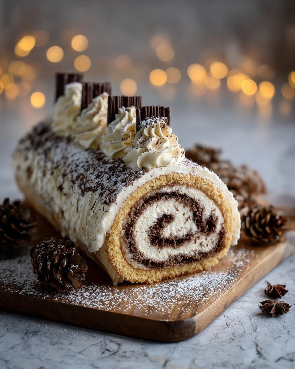 This dessert is a roll cake with three visible spiral layers of light cream and chocolate cake, each swirl showing a dark brown and white pattern. The outside layer is smooth white cream that covers the whole roll, topped with swirls of cream with a light dusting of powdered cocoa and fine dark chocolate sticks placed on top. The cake sits on a wooden board, sprinkled with white powdered sugar around the base, and brown pine cones are placed around it. The background shows a soft white marbled surface and blurred warm lights, creating a cozy atmosphere. photo taken with an iphone --ar 4:5 --v 7 — Indulgent Gourmet Tiramisu Yule Log Cake, holiday tiramisu cake, festive Yule log dessert, coffee mascarpone cake, elegant holiday dessert