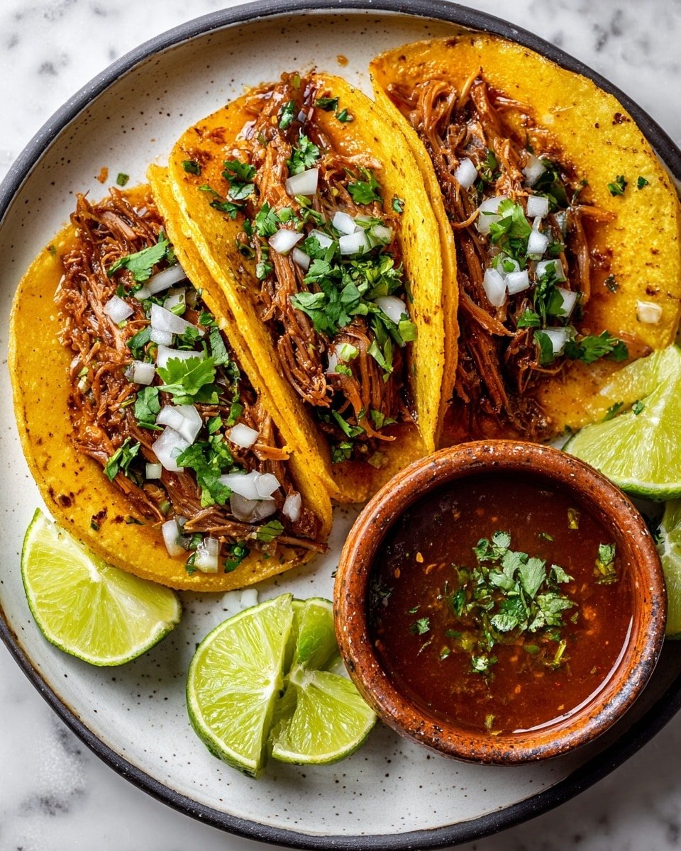 The image shows three tacos arranged side by side on a round white plate with a dark surface. Each taco has a yellow, slightly crispy shell filled with shredded, dark brown meat, topped with small white onion pieces and fresh green cilantro leaves. To the side, there are three lime wedges, two whole and one partially squeezed. A small brown clay bowl filled with a reddish-brown sauce garnished with chopped cilantro is placed on the plate next to the tacos. The plate sits on a white marbled surface. photo taken with an iphone --ar 4:5 --v 7 — Slow-Cooked Spicy Mexican Birria Tacos, authentic Mexican birria tacos, spicy beef birria, homemade birria tacos recipe, best Mexican tacos