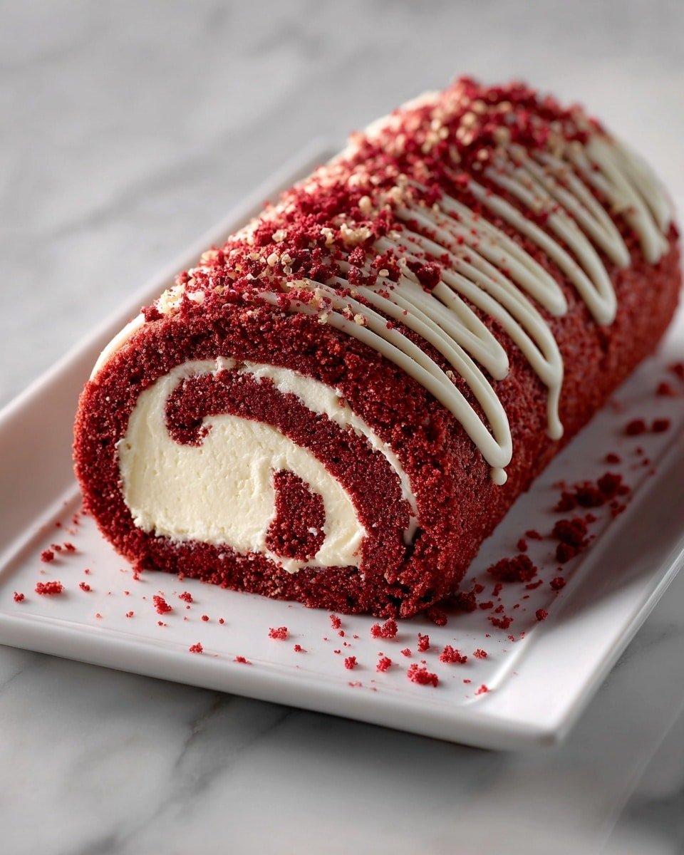 Red Velvet Cake Roll with Cream Cheese Filling Recipe - Recipe Image — Red Velvet Cake Roll with Cream Cheese Filling, classic red velvet cake roll, festive dessert recipes, creamy cream cheese filling, moist red velvet cake