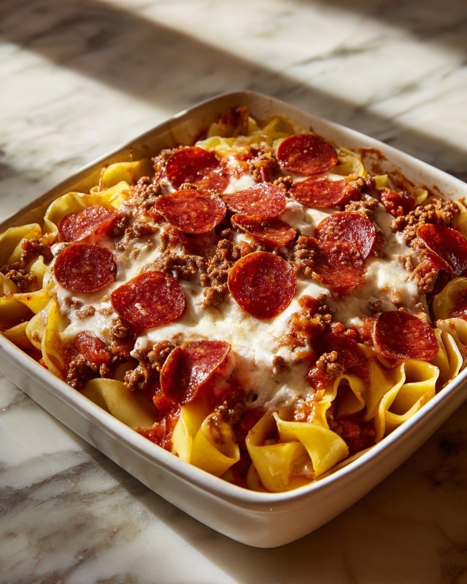 A white square baking dish filled with a layered pasta bake. The bottom layer consists of wide, yellow pasta noodles with curled edges. On top of the noodles, there is a layer of brown cooked ground meat mixed with red tomato sauce. Spread over this is a melted white cheese layer that covers most of the surface and softens over the edges. Scattered on top are thin, round slices of reddish-orange pepperoni. The dish sits on a white marbled surface with warm lighting highlighting the textures and colors. photo taken with an iphone --ar 4:5 --v 7 — Meat Lovers Pizza Tortellini, hearty pasta dish with meats, cheesy tortellini recipe, quick weeknight dinner ideas, indulgent pasta recipes