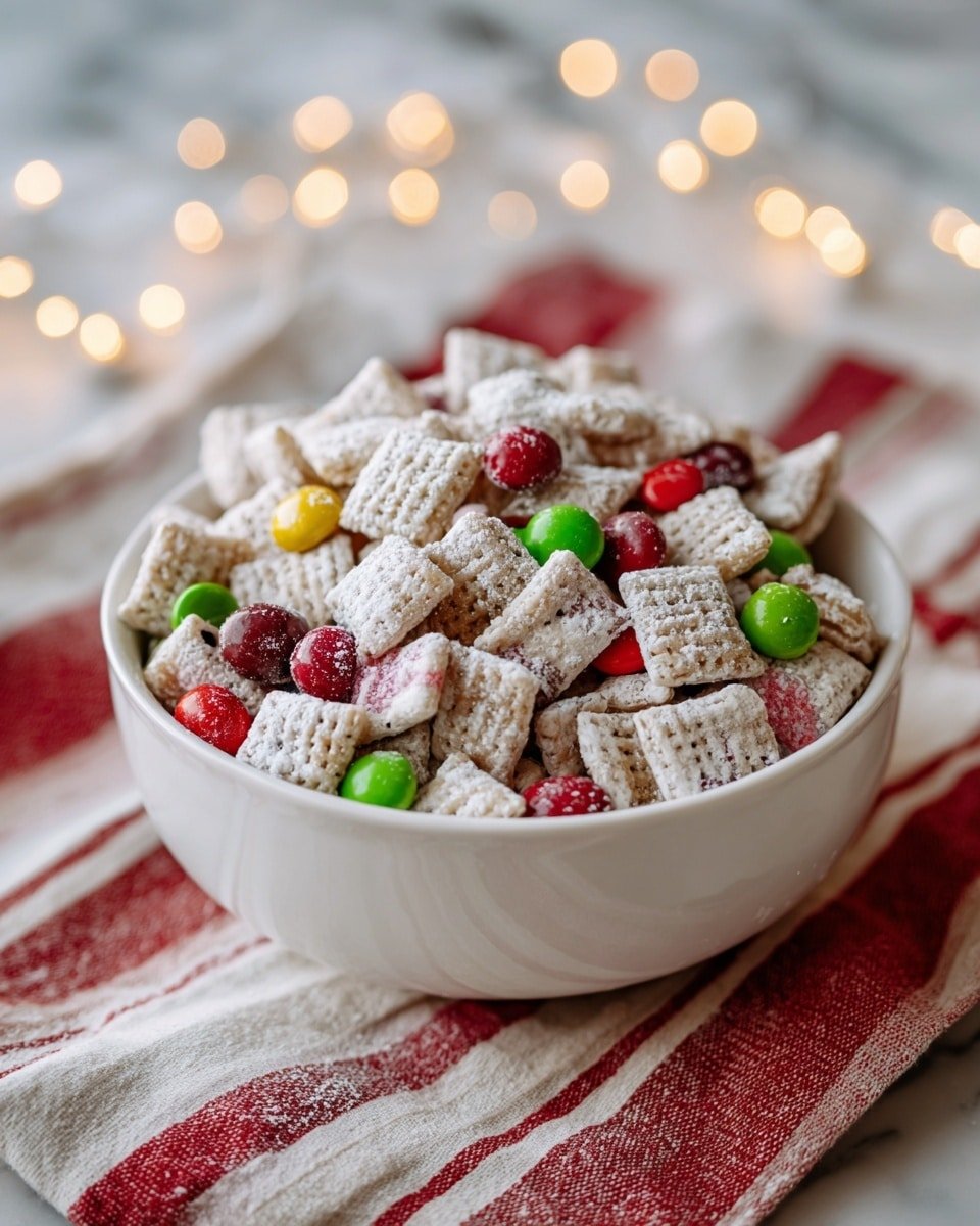 A white bowl filled with many square cereal pieces covered in a light dusting of powdered sugar, mixed with round red and green candy-coated chocolates scattered throughout. The cereal pieces have a textured, crispy surface with some pieces showing a slightly glossy coating. The bowl sits on a fabric with red and beige stripes, placed on a white marbled surface, with soft round yellow lights blurred in the background. photo taken with an iphone --ar 4:5 --v 7 — Christmas Puppy Chow, festive Puppy Chow recipe, holiday snack ideas, Christmas treats, easy holiday recipes
