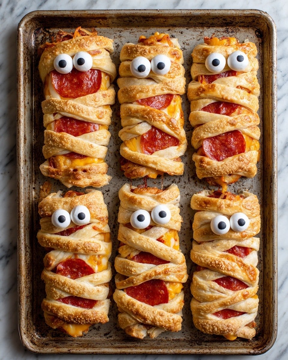 Spooky Cute Baked Cheese Mummies Recipe - Recipe Image — Spooky Cute Baked Cheese Mummies, Halloween cheese appetizers, cheesy spooky snacks, puff pastry mummies, easy Halloween party starters