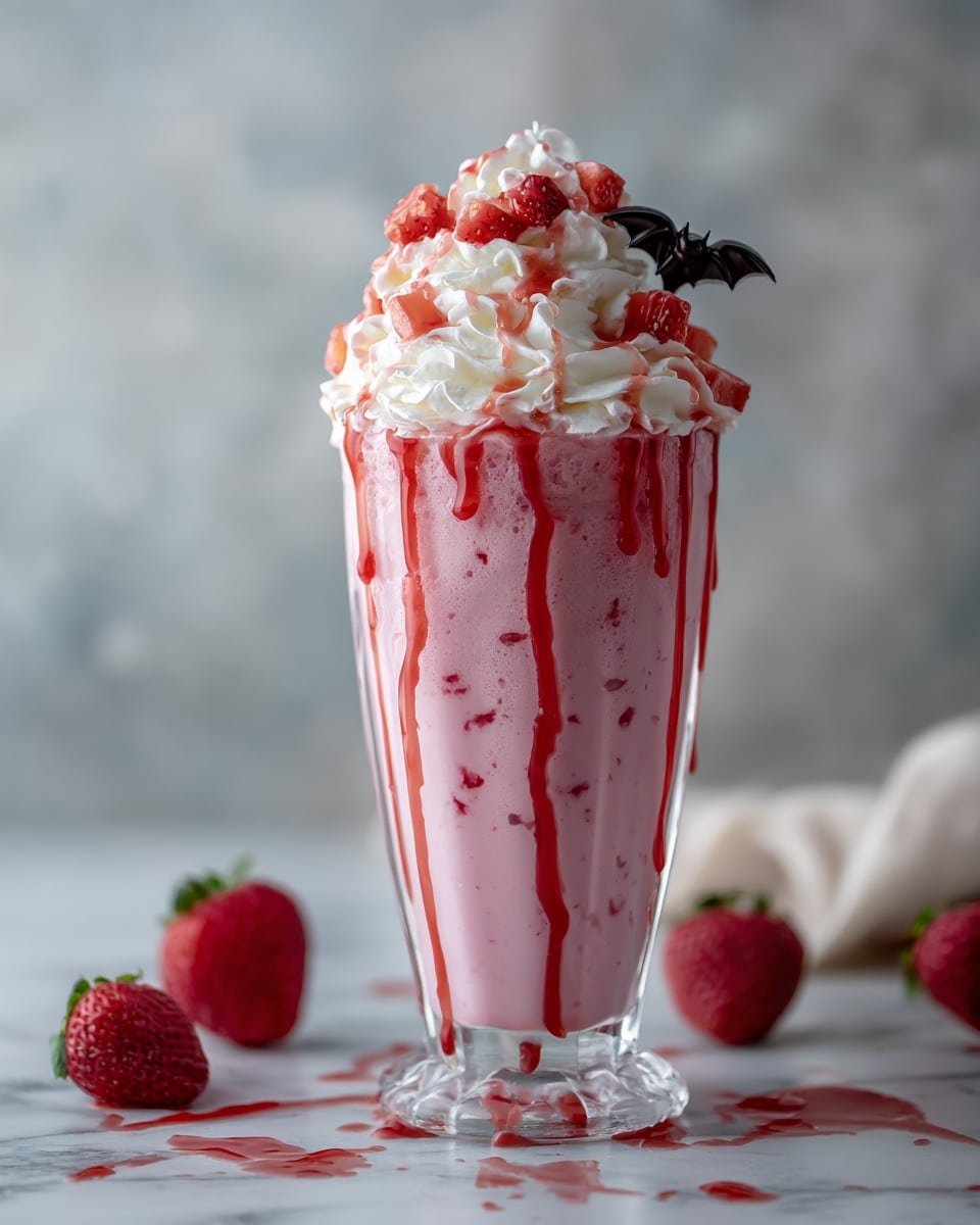 A tall clear glass holds a pink strawberry milkshake with visible small dark red fruit pieces mixed inside. The milkshake fills the glass almost to the top, where red syrup drips down the sides in thin streams. On top, a large swirl of white whipped cream is crowned with more red syrup and small chunks of strawberry. A small black plastic bat decoration is placed on the right side of the whipped cream. The glass stands on a white marbled surface, with a few fresh strawberries lying off to the left side. The background is softly blurred in gray and white tones. photo taken with an iphone --ar 4:5 --v 7 — Bloody Berry Milkshake, berry milkshake with rum, fruity milkshake recipe, adult milkshake ideas, creamy berry dessert