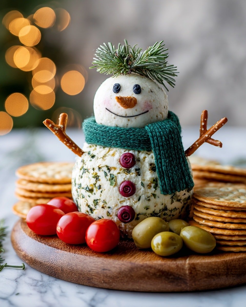 The image shows a two-layered cheese ball shaped like a snowman on a round wooden board, with the bottom layer bigger and speckled with green herbs, and the top smaller one smooth and white. The snowman has two small dark round eyes, a carrot-shaped orange nose, and a curved thin brown mouth. A green knitted scarf is wrapped around its neck, while green pine leaves form a hair crown on top. Two pretzel sticks stick out as arms, each with three small fingers. The snowman’s body is decorated with two red berry buttons. Around the snowman, halved and whole bright red cherry tomatoes sit on one side, and a pile of green olives lies close by, while golden round crackers are stacked in a neat row behind. The background is white marbled texture with blurred warm glowing lights. Photo taken with an iphone --ar 4:5 --v 7 — Holiday Snowman Cheese Ball, festive cheese ball appetizer, holiday party cheese dip, winter holiday cheese spread, Christmas cheese ball