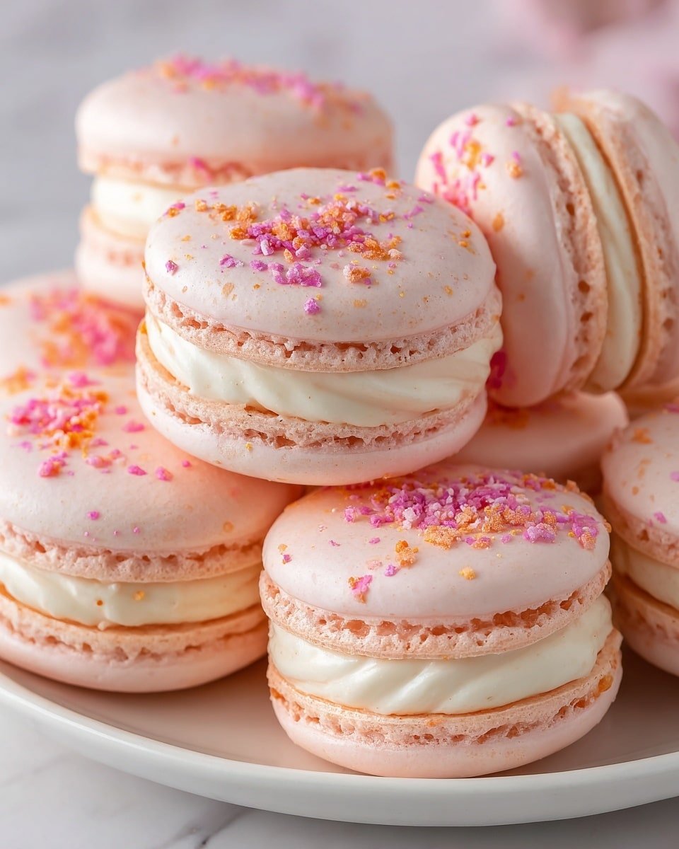 The image shows a group of light pink macarons stacked closely together on a white plate. Each macaron has two smooth, round shells with a pale pink color and a shiny texture on top. There is a creamy off-white filling sandwiched between the shells, making two layers per macaron. Small specks of pink and golden crumbs are scattered on the tops of the macarons, adding a touch of decoration. The plate sits on a white marbled surface with soft natural light shining in. photo taken with an iphone --ar 4:5 --v 7 — Strawberry Cheesecake Macarons, French Macaron Recipe, Elegant Dessert Recipes, Fruit-filled Macarons, Homemade Cheesecake Macarons