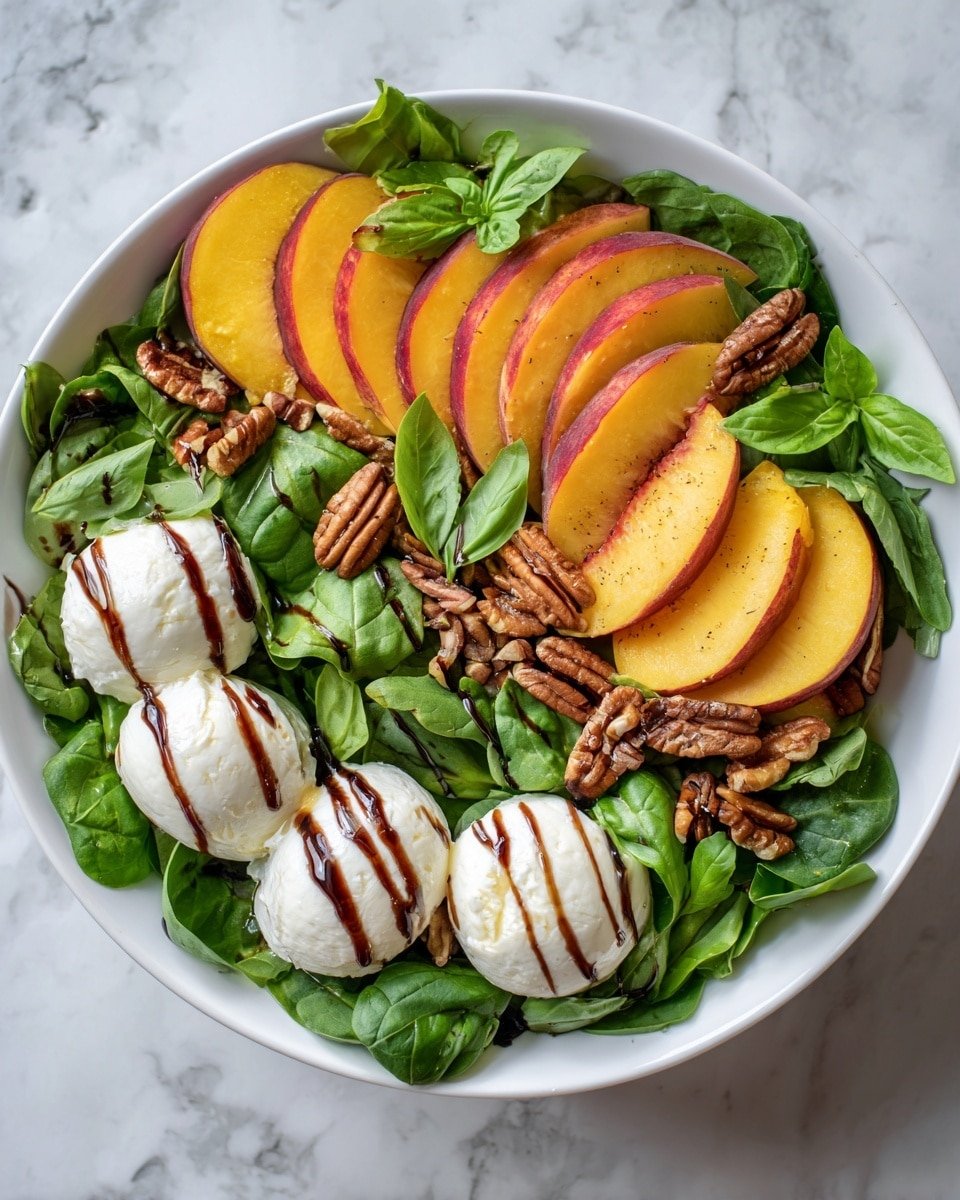 Millionaire Peach Salad with Mozzarella, Basil, and Balsamic Glaze Recipe - Recipe Image — Millionaire Peach Salad with Mozzarella, Basil, and Balsamic Glaze, peach salad, fresh summer salad, easy fruit salad, mozzarella and basil salad, balsamic glaze recipes
