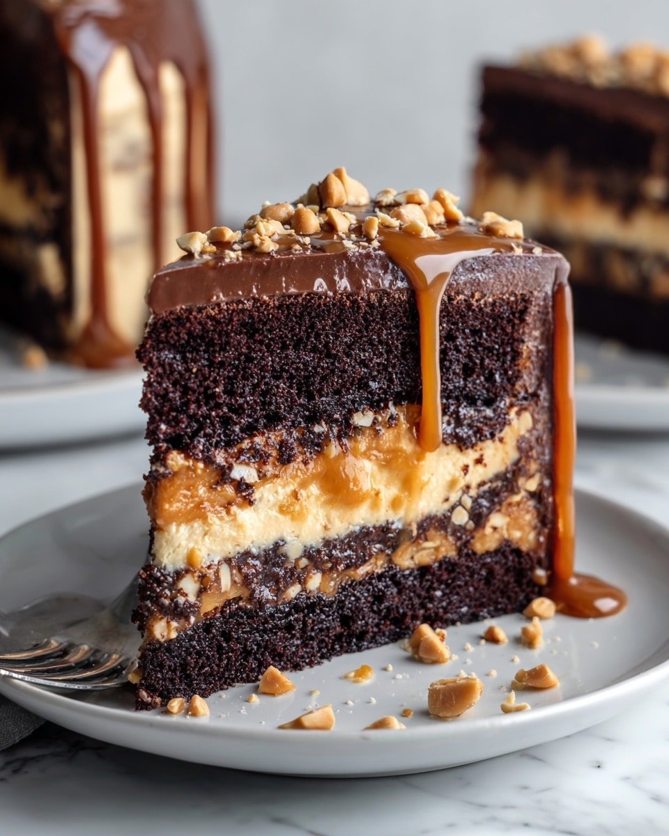 Chocolate Snickers Cake Recipe - Recipe Image — Chocolate Snickers Cake, Snickers chocolate cake, layered chocolate cake with peanut butter, caramel crunch cake, indulgent candy bar dessert