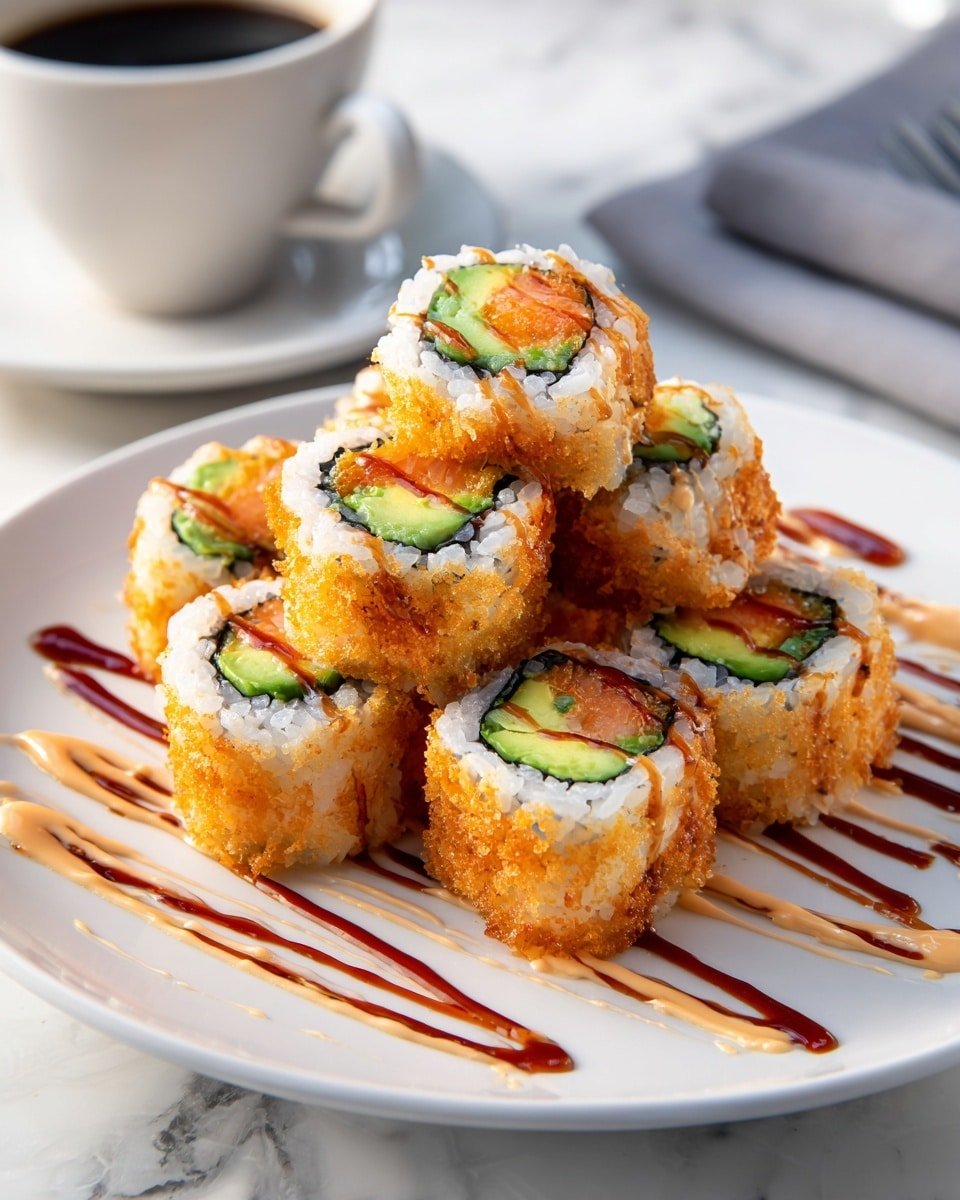 Crispy Fried Salmon & Avocado Sushi Rolls with Spicy Mayo and Sweet Soy Glaze Recipe - Recipe Image — Crispy Fried Salmon & Avocado Sushi Rolls with Spicy Mayo and Sweet Soy Glaze, sushi rolls recipe, crispy salmon sushi, avocado sushi rolls, spicy mayo sushi