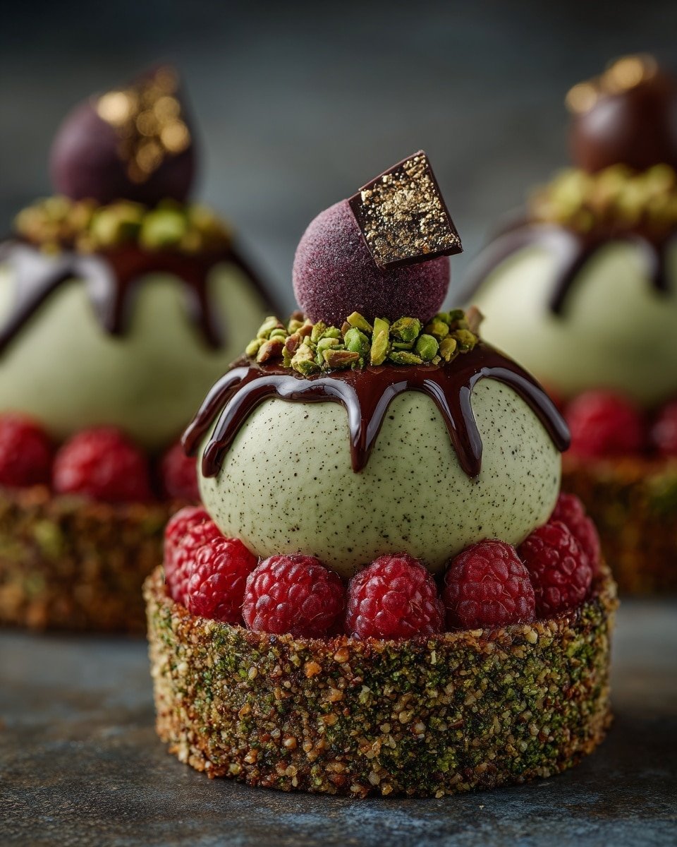 Pistachio & Raspberry Cheesecake Domes Recipe - Recipe Image — Pistachio & Raspberry Cheesecake Domes, elegant cheesecake desserts, raspberry and pistachio dessert, mirror glazed cheesecake, no-bake cheesecake treats