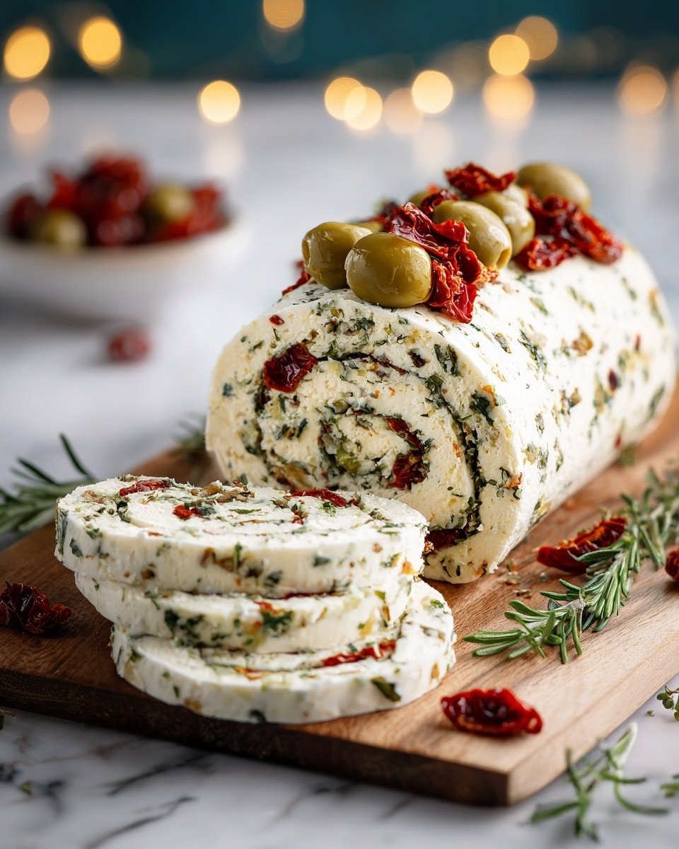 Antipasto Cream Cheese Log with Olives, Red Peppers, Cranberries, and Herbs Recipe - Recipe Image — Antipasto Cream Cheese Log, appetizer with olives and red peppers, party cheese ball with cranberries, flavorful cheese roll with herbs, festive appetizer ideas