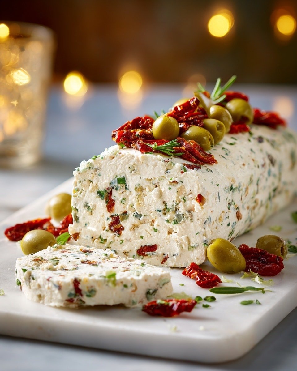 Antipasto Cream Cheese Log with Olives, Red Peppers, Cranberries, and Herbs Recipe - Recipe Image — Antipasto Cream Cheese Log, appetizer with olives and red peppers, party cheese ball with cranberries, flavorful cheese roll with herbs, festive appetizer ideas