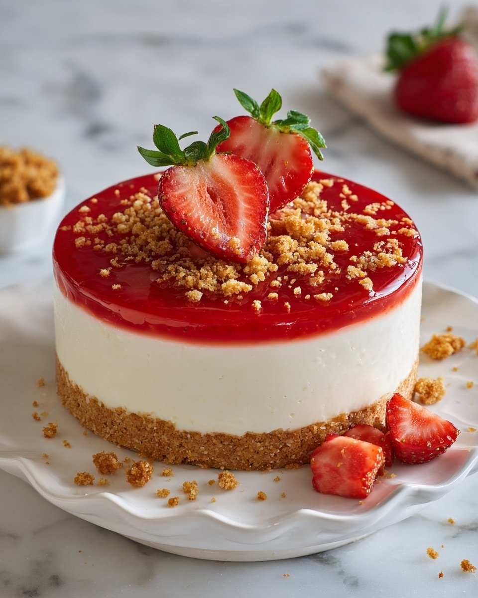 Easy Strawberry Crunch Mini Cheesecake Recipe - Recipe Image — Easy Strawberry Crunch Mini Cheesecake, mini cheesecake recipes, strawberry dessert, no-bake cheesecakes, fruit tartlets