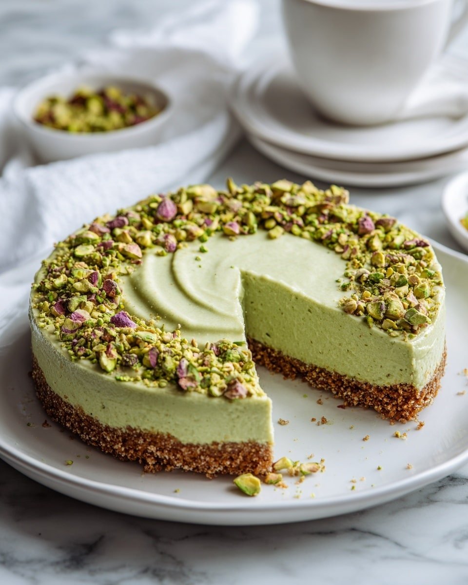 Pistachio Cheesecake With Pistachio Topping Recipe - Recipe Image — Pistachio Cheesecake with Pistachio Topping, pistachio cheesecake recipe, nutty cheesecake dessert, stunning pistachio dessert, homemade pistachio cheesecake