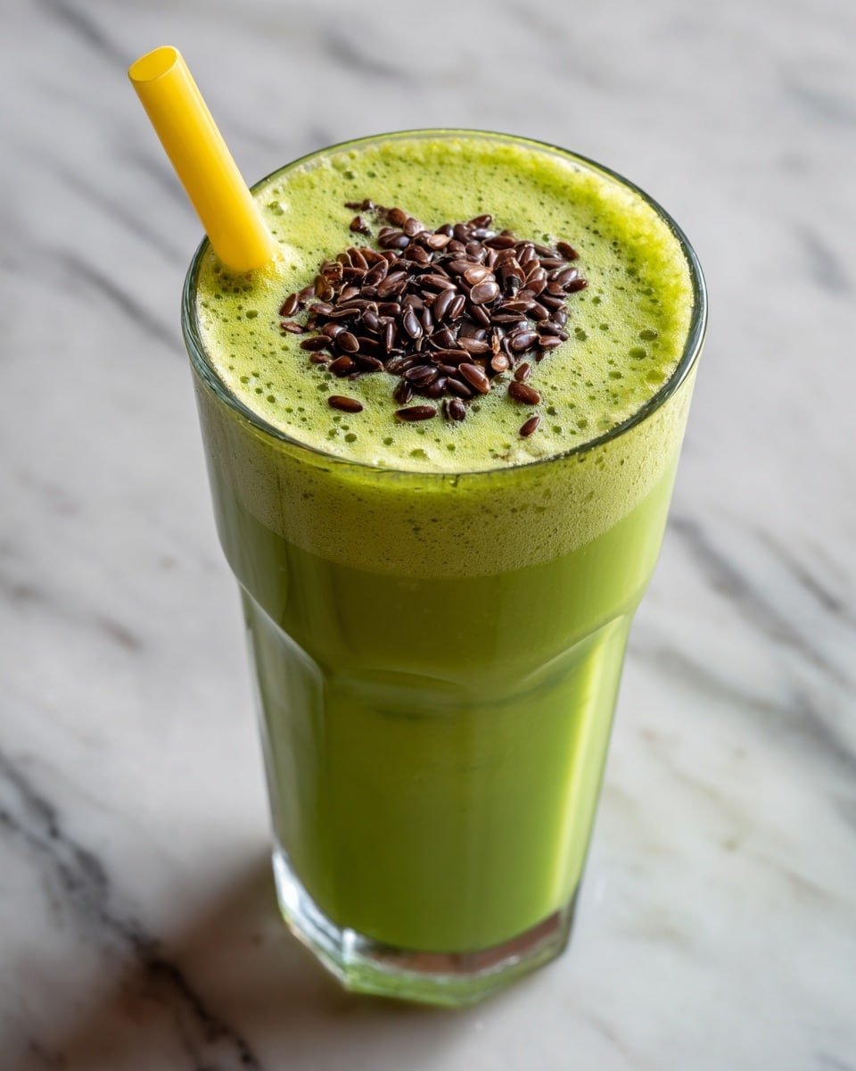 A tall clear glass filled with a bright green smoothie layer that has a frothy texture on top, decorated with a small pile of dark brown flax seeds in the center. A yellow straw is placed inside the glass, leaning slightly to the left. The glass is set on a white marbled surface. photo taken with an iphone --ar 4:5 --v 7 — Healthy Green Smoothie, green smoothie recipe, healthy smoothie ideas, nutritious green drink, easy green smoothie