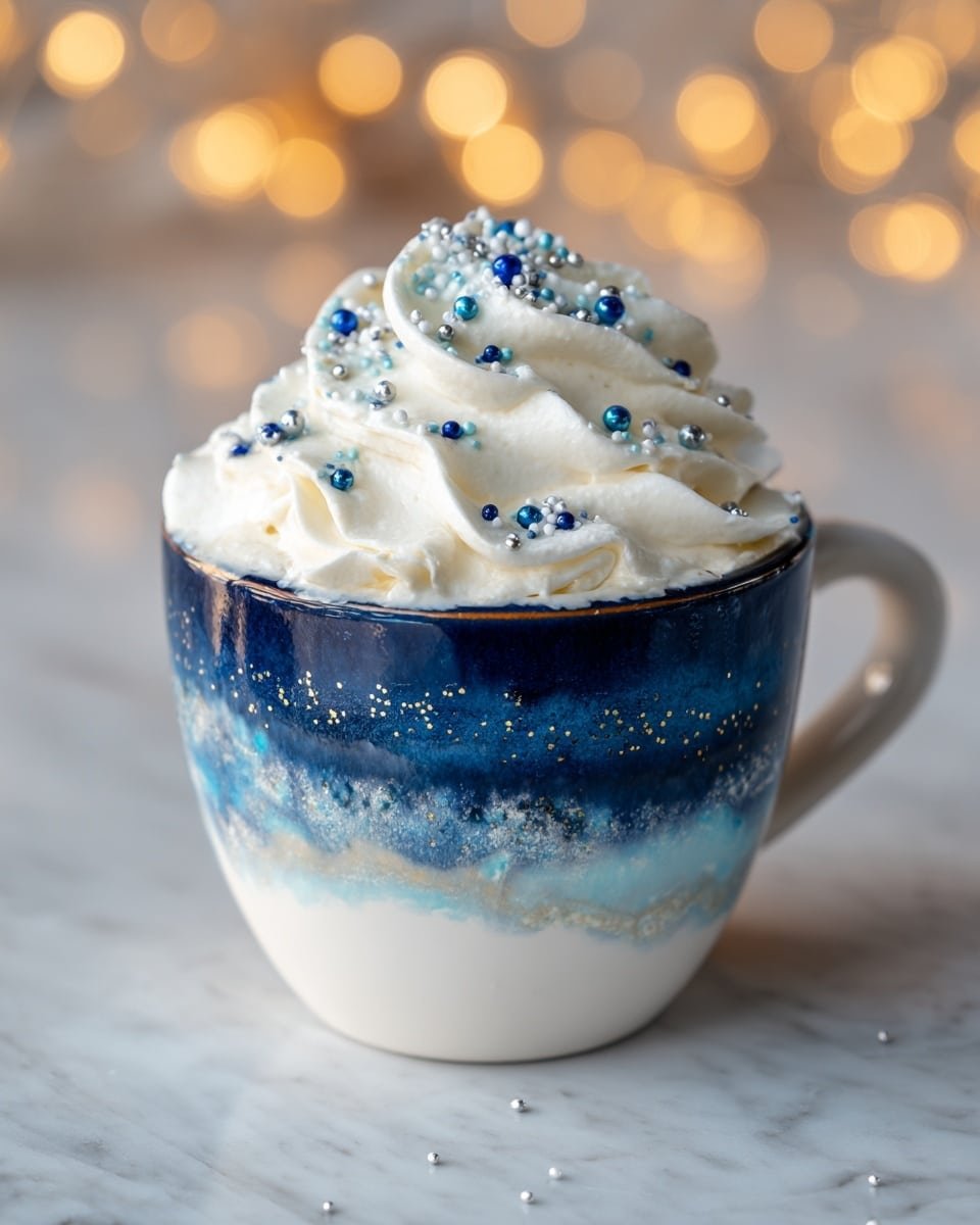 Frostbite Blue Christmas Cocoa Recipe - Recipe Image — Frostbite Blue Christmas Cocoa, blue hot chocolate, festive holiday drinks, white hot chocolate recipe, winter beverage ideas