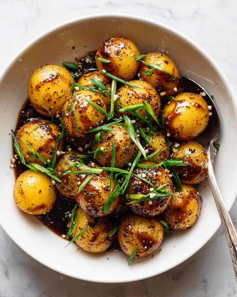 A white bowl full of small golden brown potatoes coated with a shiny, spicy reddish-brown sauce sits on a white marbled surface. The potatoes are whole and slightly wrinkled, showing a crispy texture. Bright green chopped herbs and sliced green onions are scattered on top, adding fresh color contrast. A silver spoon rests inside the bowl on the right side, partially covered by the potatoes. The overall look is warm, flavorful, and freshly made photo taken with an iphone --ar 4:5 --v 7 — Honey Mustard Skillet Potatoes, easy potato side dish, crispy skillet potatoes, flavorful potato recipe, weeknight dinner side