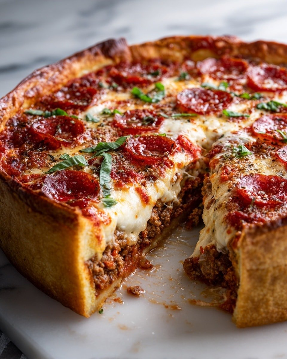 A deep-dish pizza slice is being lifted, showing thick layers starting with a golden-brown thick crust on the bottom and sides, followed by a rich red tomato sauce layer topped with browned ground meat. Over the meat, there is a smooth, melted white cheese layer spreading across the slice. On top of the cheese are round, reddish pepperoni slices spaced evenly, and small green herb bits sprinkled lightly. The pizza sits on a white plate with a white marbled surface in the background, and part of a woman's hand is holding the slice. Photo taken with an iphone --ar 4:5 --v 7 — Deep Hamburger Sausage and Pepperoni Pie, hearty meat pie, cheesy sausage pepperoni casserole, savory meat pie recipe, easy baked meat pie