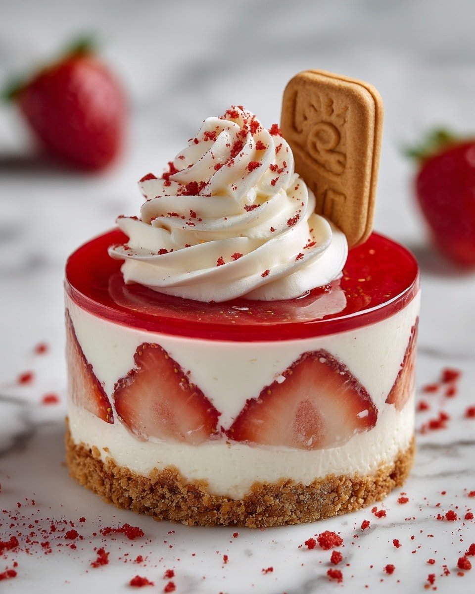 Mini Jammy Dodger Strawberry Cheesecakes Recipe - Recipe Image — Mini Jammy Dodger Strawberry Cheesecakes, strawberry no-bake cheesecakes, fruit cheesecakes with jammy dodgers, easy individual strawberry cheesecakes, charming summer dessert recipes