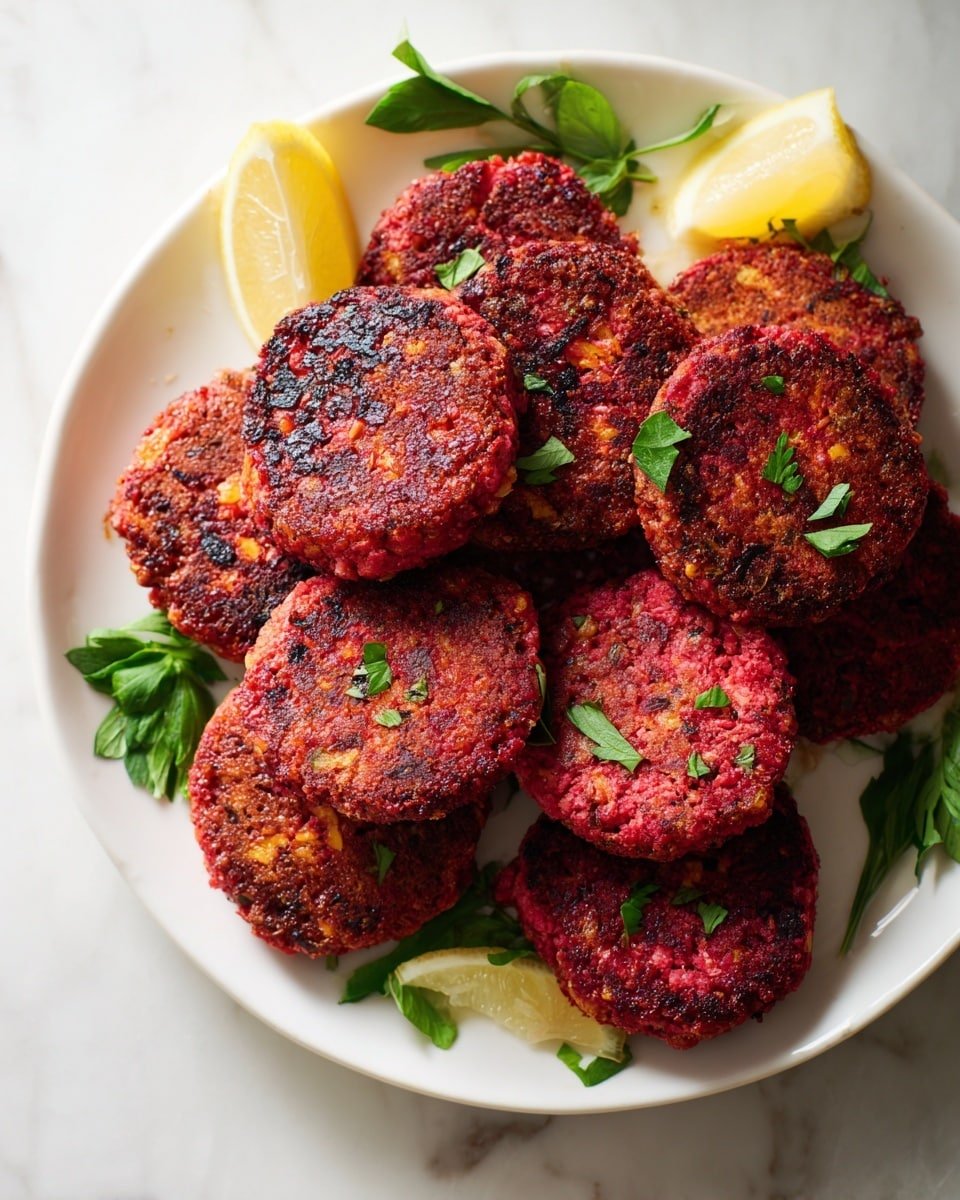 A white plate filled with around ten round, thick patties of bright reddish-pink color with some darker charred spots, topped with small pieces of fresh green herbs. The patties have a textured look, showing bits of orange and other colors inside. There are two lemon wedges placed at the back of the plate, and a few green herb leaves are scattered around the white marbled surface. photo taken with an iphone --ar 4:5 --v 7 — Sweet Potato and Beetroot Tikki, healthy veggie patties, colorful snack ideas, easy vegetarian appetizers, earthy vegetable fritters