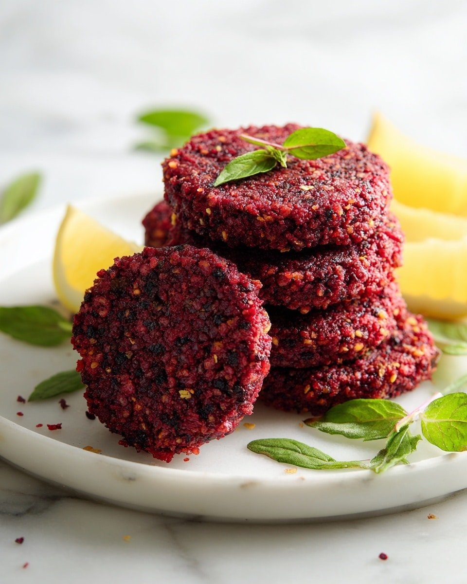 The image shows five round, deep red patties with a textured surface placed closely on a white plate in a slightly overlapping pile. The patties have small flecks of darker and lighter red shades with bits of orange-red visible inside, giving them a coarse look. Small green leaf pieces are scattered on top of the patties and around the plate, adding a contrast to the red color. Two yellow lemon wedges are positioned near the edge of the plate, with some more green leaves placed on the white marbled surface around the plate. The overall color scheme is a mix of deep reds, bright yellow, and fresh green on a white marble background. photo taken with an iphone --ar 4:5 --v 7 — Sweet Potato and Beetroot Tikki, healthy veggie patties, colorful snack ideas, easy vegetarian appetizers, earthy vegetable fritters