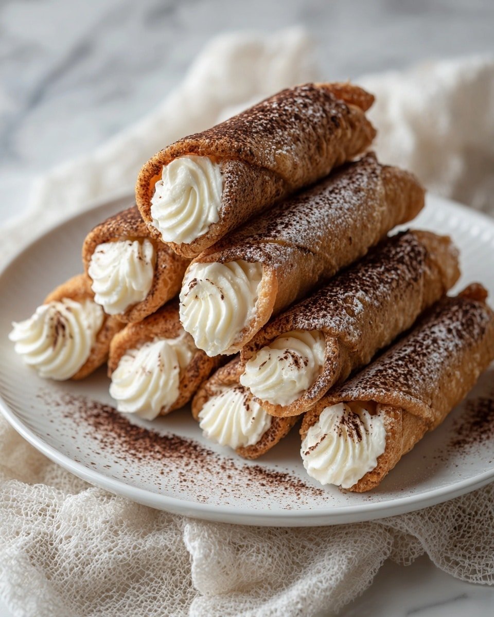 The image shows a stack of seven light brown, crispy rolled pastries arranged in two layers on a white plate with a subtle design. Each pastry is filled at both ends with white cream that has a soft and smooth texture, with a slight swirl shape. The top surfaces of the rolls are dusted with fine cocoa powder, giving a dark brown color contrast to the golden rolls. The plate is placed on a cream-colored textured cloth, all set on a white marbled surface. Photo taken with an iphone --ar 4:5 --v 7 — Sweet Cannelloni tiramisu, Italian dessert ideas, tiramisu inspired bites, no-bake dessert recipes, crispy cannelloni dessert