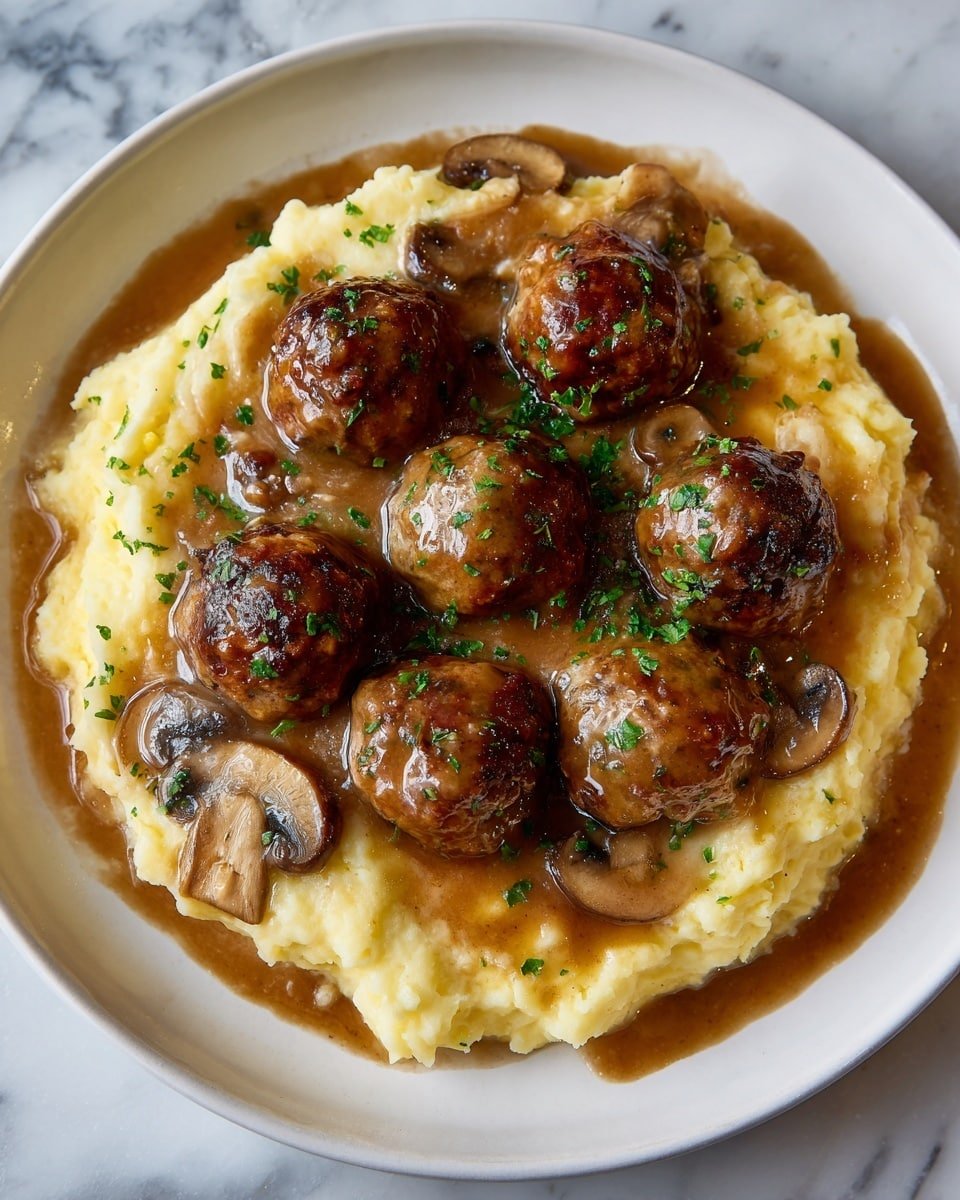 Mashed Potatoes with Creamy Meatball Mushroom Stew Recipe - Recipe Image — Mashed Potatoes with Creamy Meatball Mushroom Stew, hearty comfort food recipes, cozy dinner ideas, easy meatball stew recipes, creamy mushroom stew for dinner