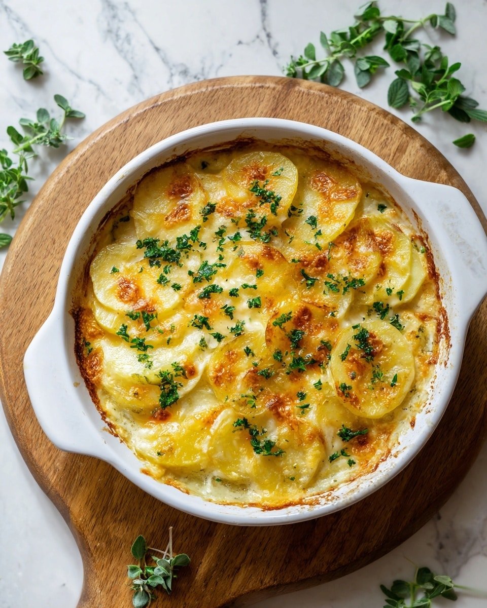 A white plate holds a layered dish with a base of golden, roasted potato slices that show browned edges and a soft texture; on top of the potatoes is a thick layer of melted cheese, bubbly and browned in spots with a slightly crispy texture, sprinkled with small bits of green parsley evenly over the cheese and potatoes. The plate rests on a cloth with blue and white stripes, on a white marbled surface. In the background, a black pan filled with more cheese-topped potatoes is partially visible. Photo taken with an iphone --ar 4:5 --v 7 — Creamy Potato Au Gratin, cheesy potato casserole, easy au gratin recipe, baked potato gratin, comfort food potato dish