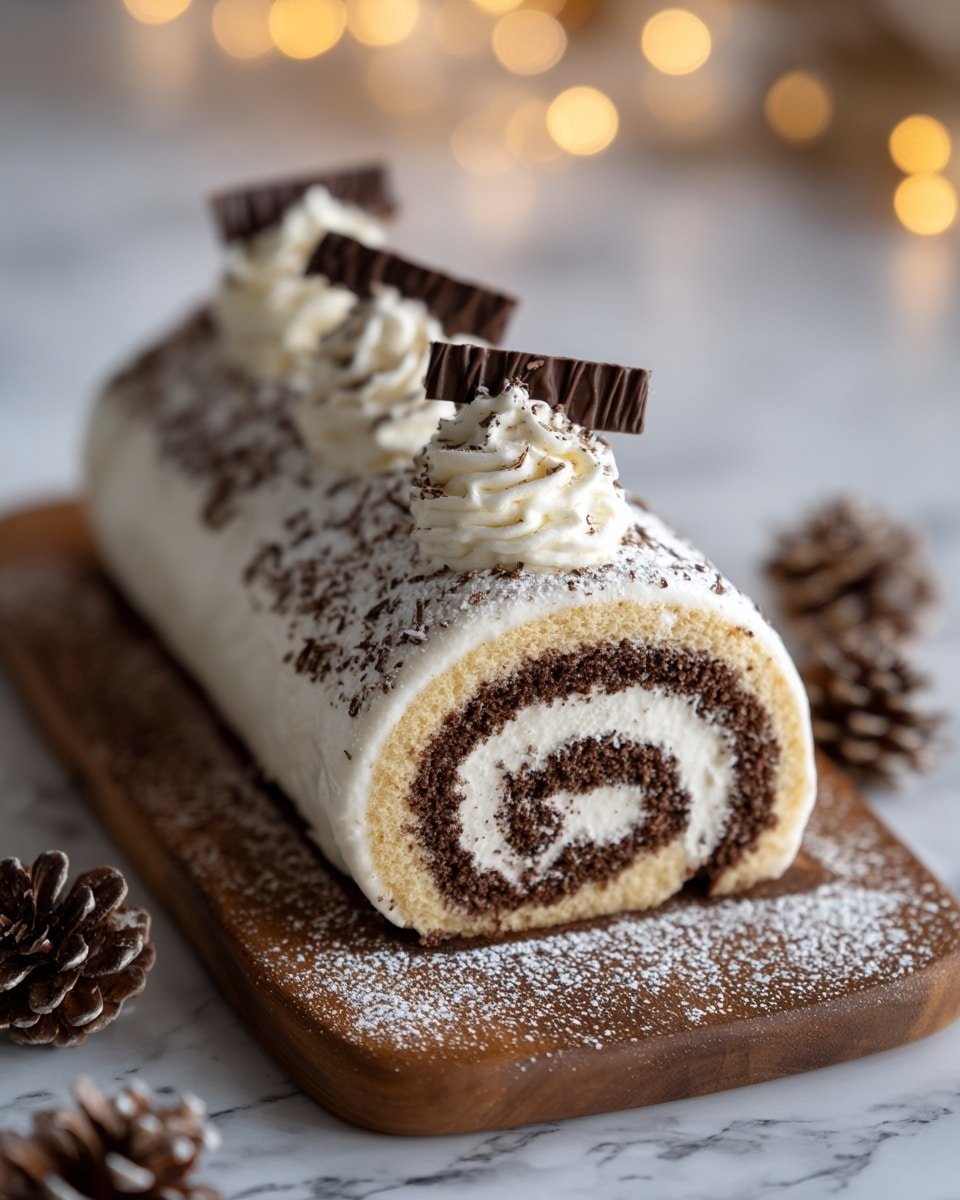 A rolled cake with three visible layers: a middle swirled layer of dark brown cake and creamy white filling, covered by a smooth white frosting layer evenly covering the whole roll. The top is dusted with fine cocoa powder, and decorated with alternating dark chocolate cream dollops and one white cream dollop, along with cinnamon sticks and star anise as garnish. The cake sits on a rectangular wooden board with powdered sugar sprinkled around it, against a white marbled textured surface with blurred warm lights in the background. photo taken with an iphone --ar 4:5 --v 7 — Indulgent Gourmet Tiramisu Yule Log Cake, holiday tiramisu cake, festive Yule log dessert, coffee mascarpone cake, elegant holiday dessert