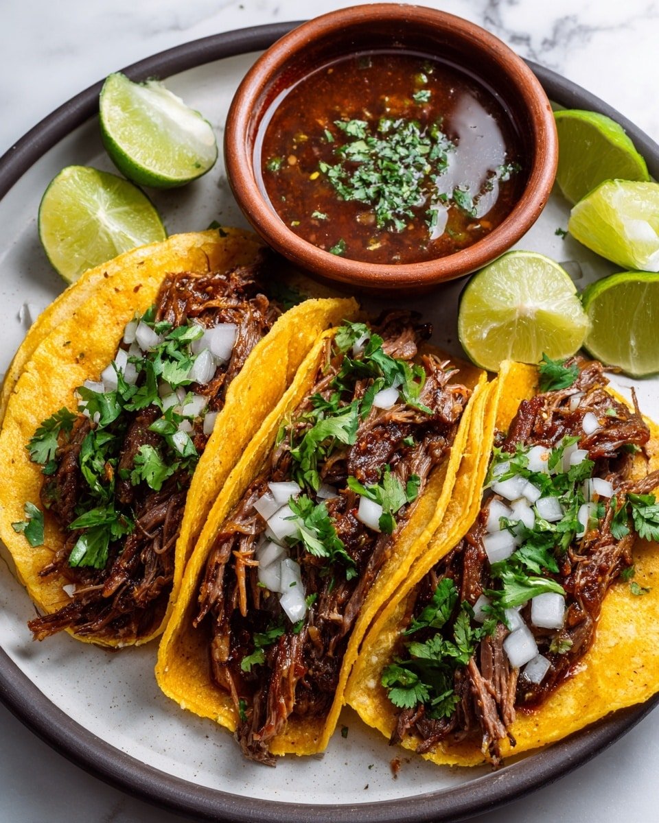 Five tacos are lined up closely on a dark wooden board, each taco showing three distinct layers: the outer crispy yellow taco shell with char marks, a thick middle layer of shredded meat mixed with green cilantro bits, and a top layer of melted white cheese scattered with more cilantro. The tacos lean slightly to the right, and a quarter lime wedge sits near the last taco on the board. In the background, two small brown bowls hold red sauces with small green and white garnishes. The surface under the board is a white marbled texture with scattered cilantro leaves. Photo taken with an iphone --ar 4:5 --v 7 — Slow-Cooked Spicy Mexican Birria Tacos, authentic Mexican birria tacos, spicy beef birria, homemade birria tacos recipe, best Mexican tacos