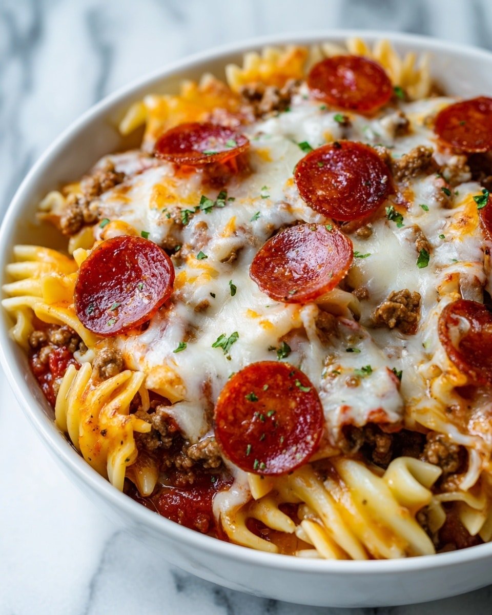 A close-up view of a layered pasta dish served in a white bowl on a white marbled surface. The bottom layer shows folded yellow pasta shells mixed with a rich red tomato sauce and bits of cooked ground meat. Above that, a layer of melted white cheese spreads unevenly across the top. Scattered on the cheese are several round slices of reddish pepperoni and more pieces of ground meat, giving a textured look. Small green herb flakes sprinkle the dish, adding spots of color on top of the cheese and meat. The lighting highlights the glossy and slightly oily surface of the pepperoni and cheese. photo taken with an iphone --ar 4:5 --v 7 — Meat Lovers Pizza Tortellini, hearty pasta dish with meats, cheesy tortellini recipe, quick weeknight dinner ideas, indulgent pasta recipes