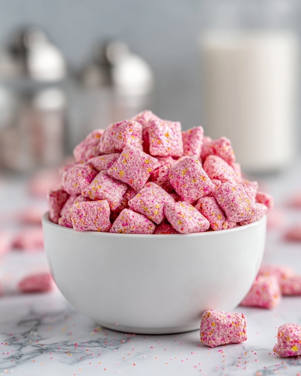 Delicious Strawberry Shortcake Puppy Chow for Sweet Snacking Recipe - Recipe Image — Delicious Strawberry Shortcake Puppy Chow, strawberry shortcake puppy chow, sweet snacking treats, crunchy cereal snack, easy dessert ideas