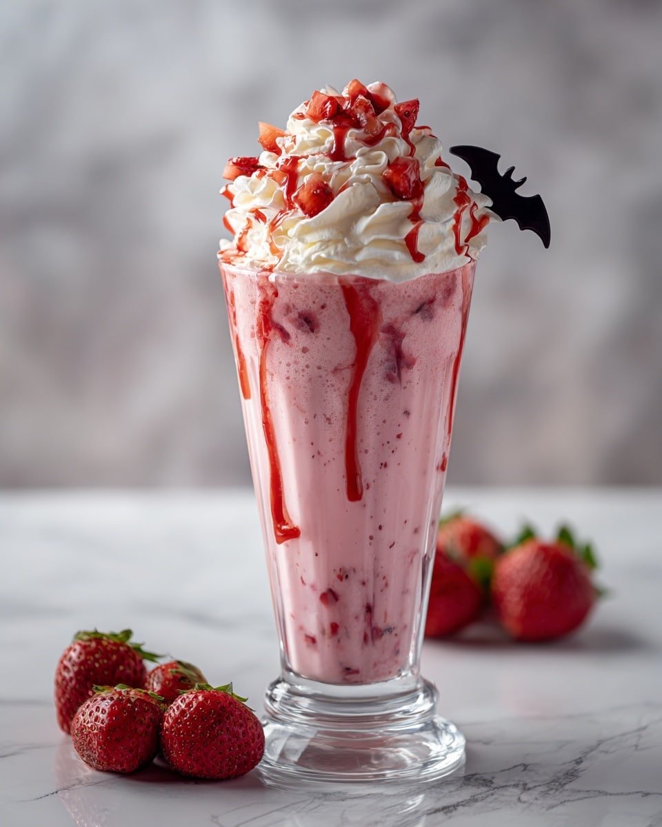 A tall clear glass filled with a light pink strawberry milkshake with red strawberry syrup dripping down the inside of the glass, topped with a swirl of white whipped cream, crushed red strawberry bits, and a half strawberry with green leaves on top, a black and white striped straw is placed inside, the glass sits on a white marbled surface, with fresh strawberries and an orange pumpkin with a carved face blurred in the background photo taken with an iphone --ar 4:5 --v 7 — Bloody Berry Milkshake, berry milkshake with rum, fruity milkshake recipe, adult milkshake ideas, creamy berry dessert
