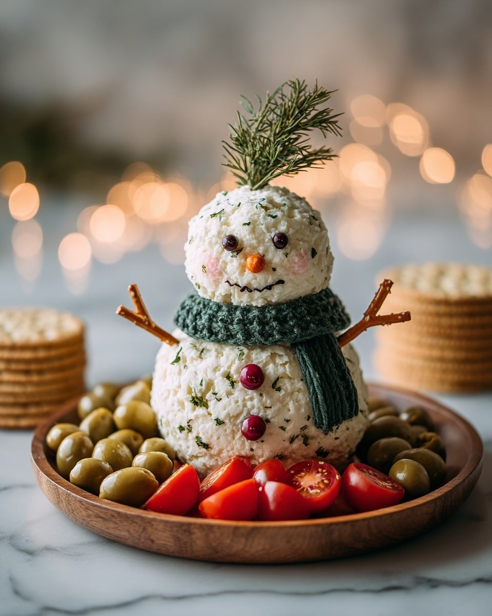 The image shows a two-layer snowman made of white cheese mixed with green herbs, with the larger round layer on the bottom and a smaller round layer on top. The snowman has a small carrot nose and dark round eyes, with a smile drawn using a thin dark line. It wears a green knitted scarf around its neck and has small red berries as buttons on its body. On top of its head is a small green pine sprig like hair. Each arm is made of a brown pretzel stick. The snowman sits on a round wooden plate surrounded by bright red cherry tomatoes cut in half on one side, green olives on the other side, and stacks of round crackers in the background. The surface under the plate is a white marbled texture, with warm blurred lights in the background. photo taken with an iphone --ar 4:5 --v 7 — Holiday Snowman Cheese Ball, festive cheese ball appetizer, holiday party cheese dip, winter holiday cheese spread, Christmas cheese ball