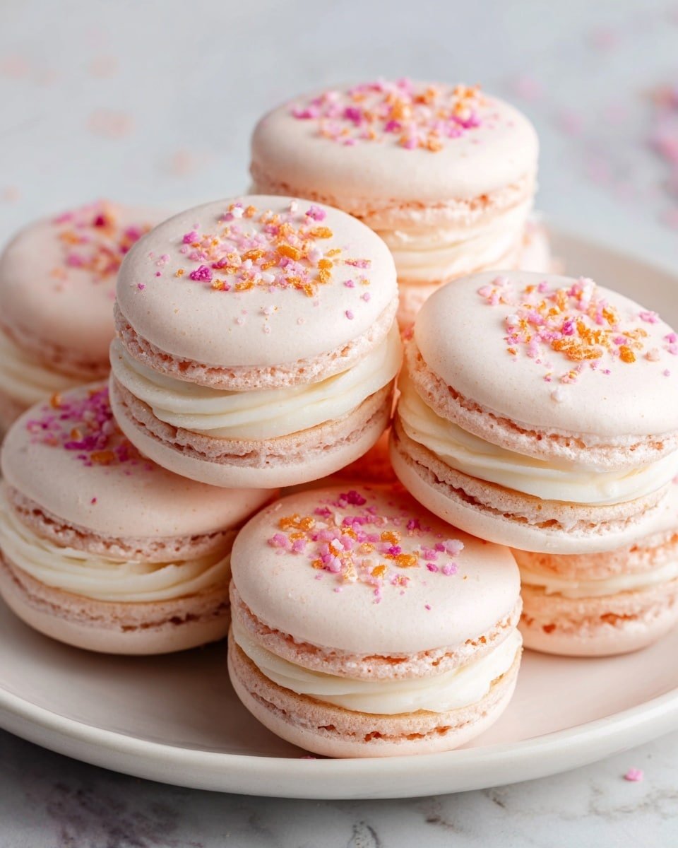 The image shows several light pink macarons stacked closely together on a white plate. Each macaron has two smooth, round shells with a slightly textured, ruffled edge and a creamy white filling sandwiched between them. Small pink and orange crumb-like sprinkles are scattered on top of the macarons, adding a delicate, colorful touch. The background is a soft white marbled surface, and the lighting highlights the shiny, smooth texture of the shells. photo taken with an iphone --ar 4:5 --v 7 — Strawberry Cheesecake Macarons, French Macaron Recipe, Elegant Dessert Recipes, Fruit-filled Macarons, Homemade Cheesecake Macarons