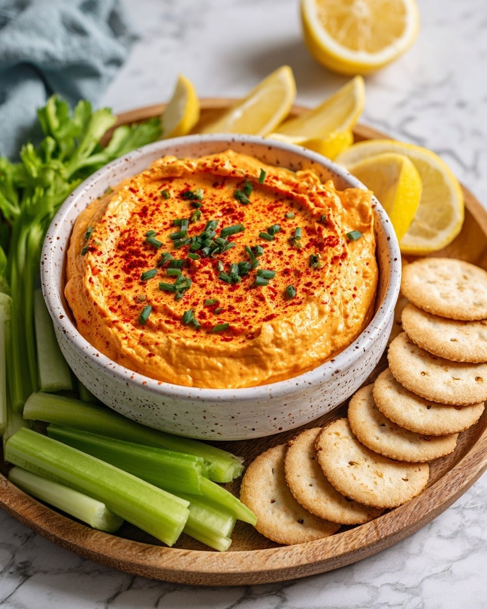 A white bowl filled with smooth orange hummus topped with red paprika powder and small green herb pieces, placed at the center of a white plate. Around the bowl, there are fresh vegetable sticks arranged evenly: bright orange carrot sticks on the top half and fresh green celery sticks on the bottom left. Slices of light green cucumber are positioned on the top right and bottom right side of the plate. The plate sits on a white marbled surface with a dark cloth partially visible on the bottom right. Photo taken with an iphone --ar 4:5 --v 7 — Buffalo Cottage Cheese Protein Dip, high-protein snack ideas, healthy buffalo cottage cheese dip, easy protein dip recipes, flavorful snack with cottage cheese