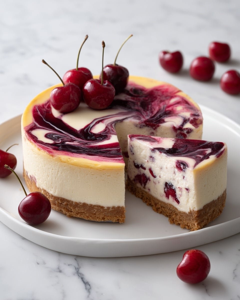 Strawberry Swirl Cheesecake Recipe - Recipe Image — Strawberry Swirl Cheesecake, strawberry cheesecake, creamy cheesecake recipes, fruity dessert, easy dessert recipes